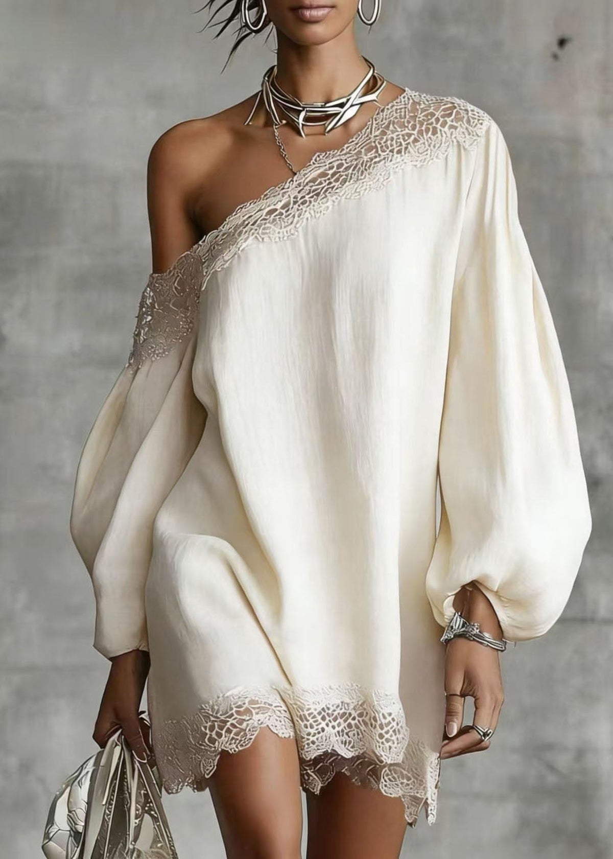 One Shoulder Long Balloon Sleeve Lace Trim Shift Mini Dress - View 4
