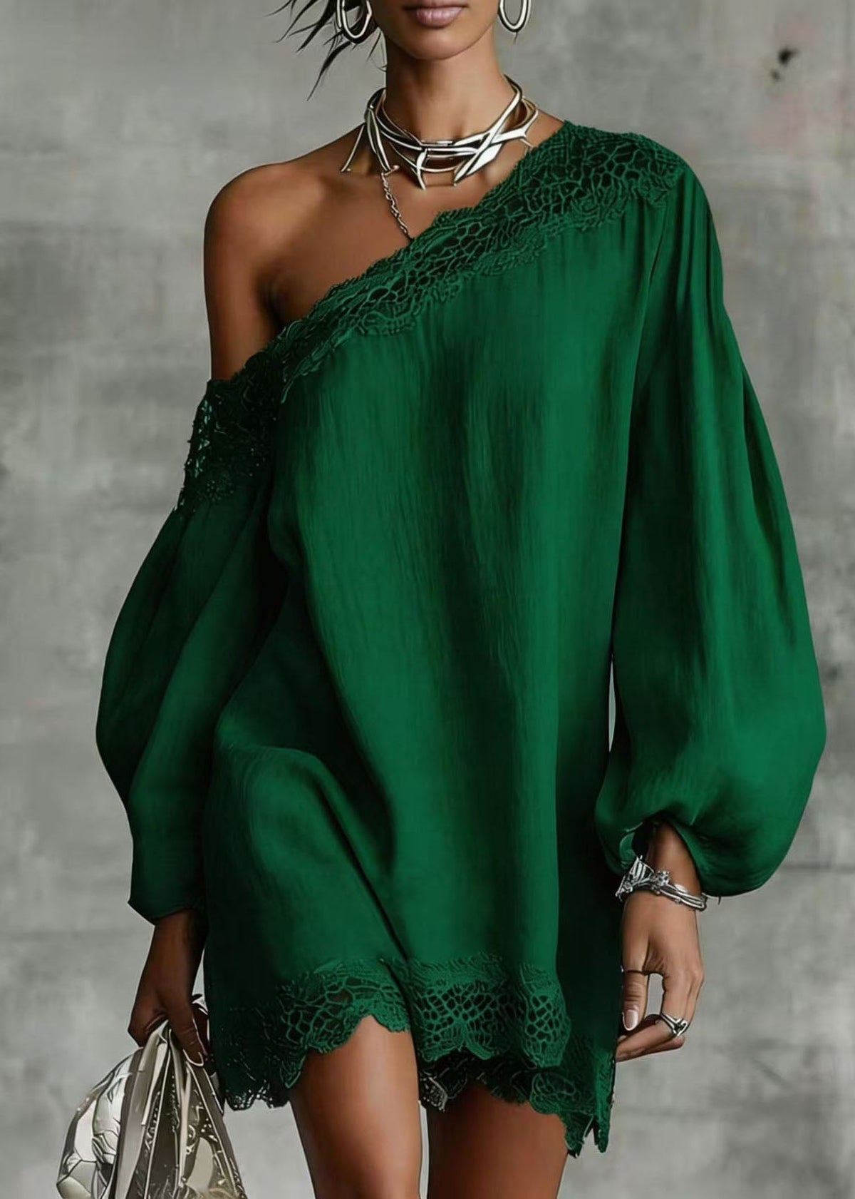 One Shoulder Long Balloon Sleeve Lace Trim Shift Mini Dress - View 5