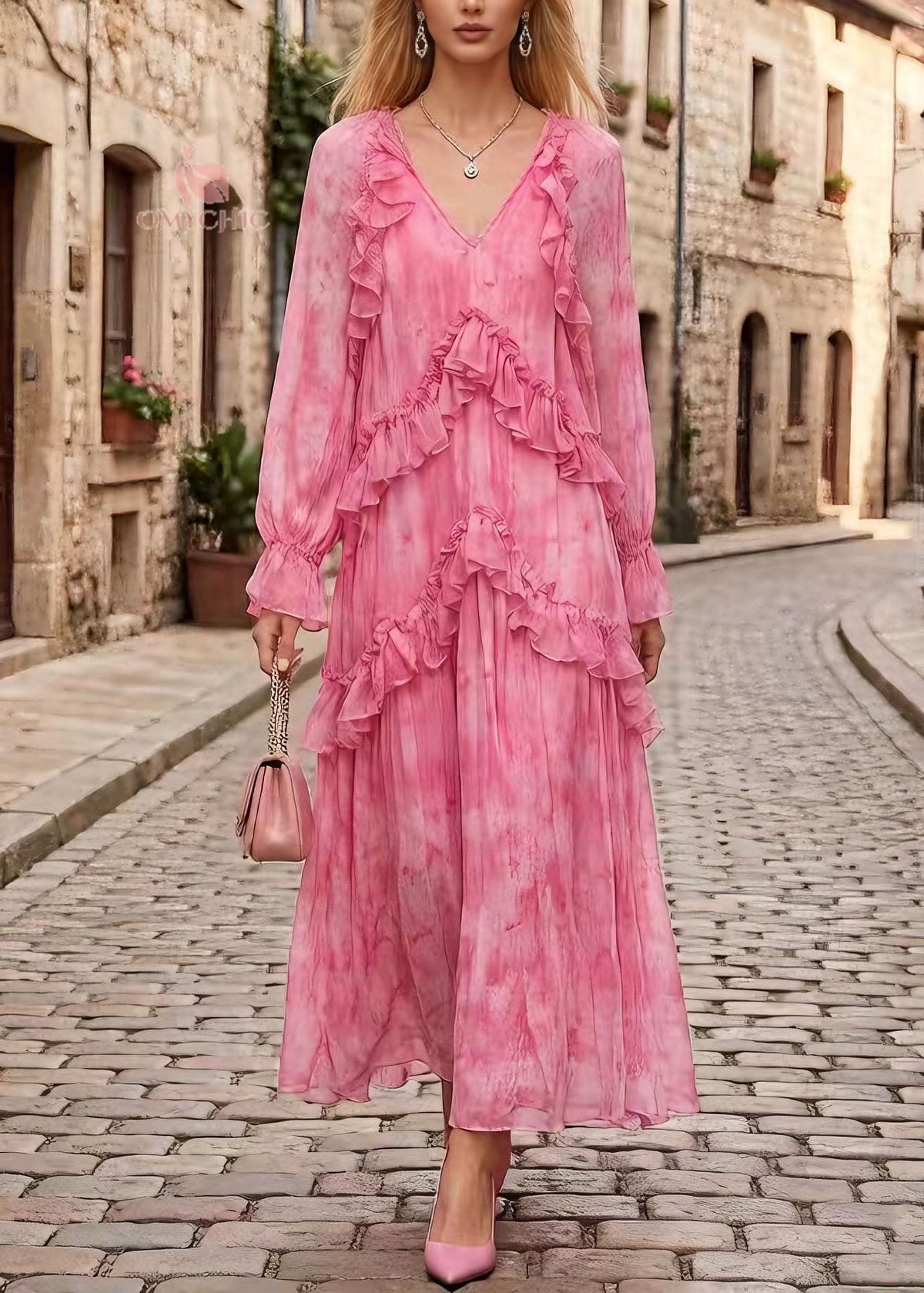 Stylish Pink V Neck Ruffled Patchwork Chiffon Dress Spring