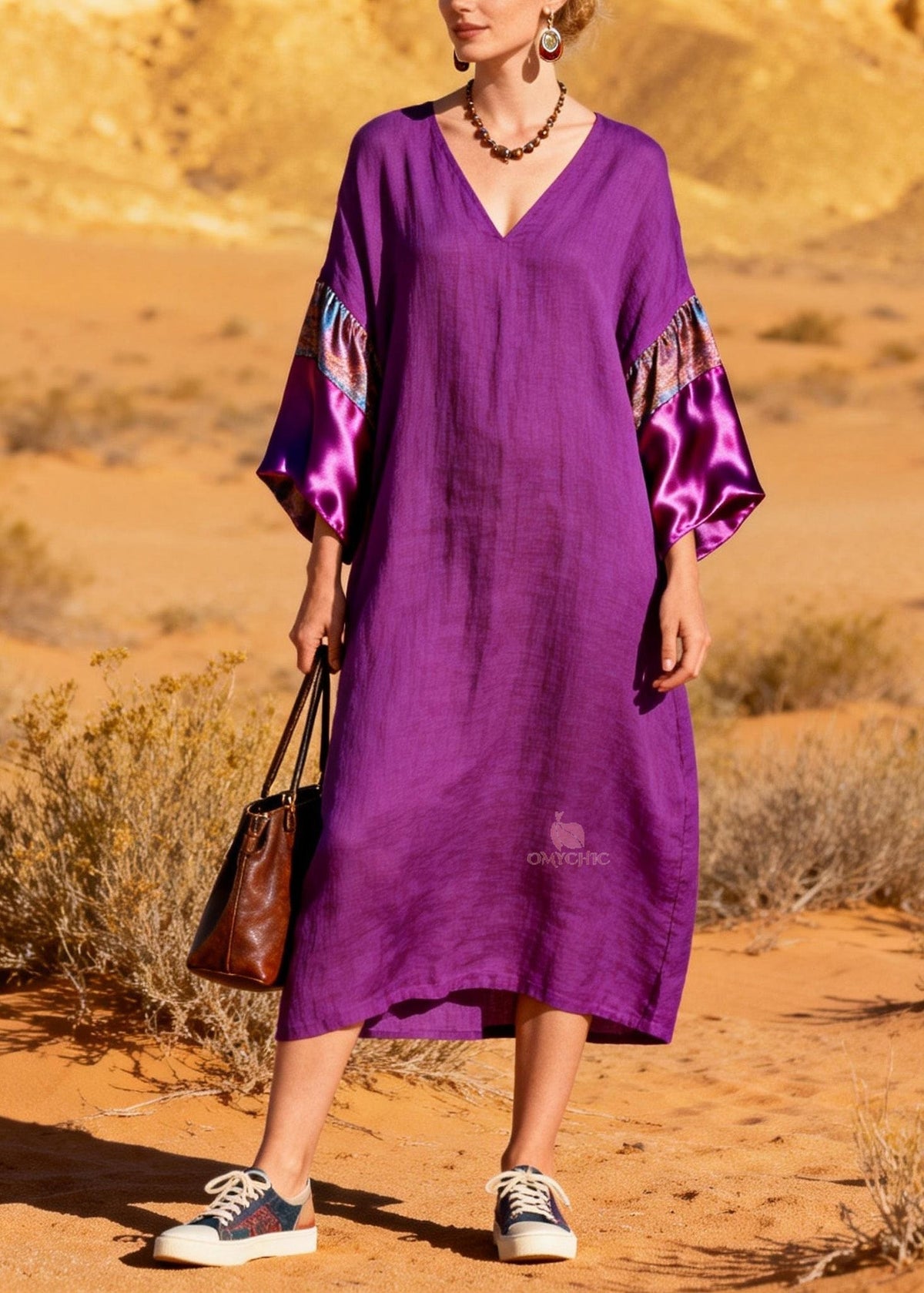 V-Neck Pattern Band Satin Cuff Kimono Sleeve Midi Dress