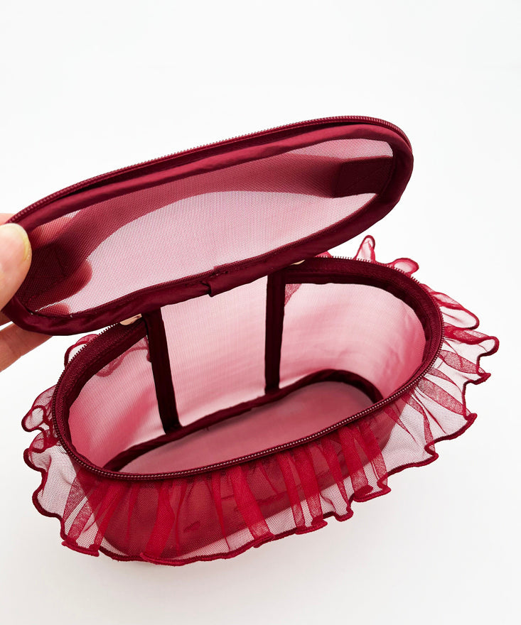 Red Stylish Ruffled Embroideried Handbag Tote Tulle