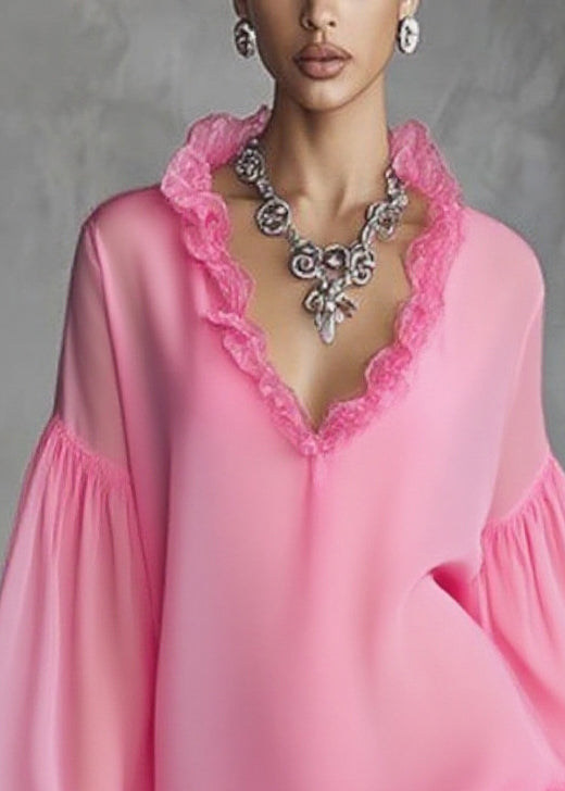 Stylish Rose Ruffled Patchwork Chiffon Mini Dresses Spring - View 2