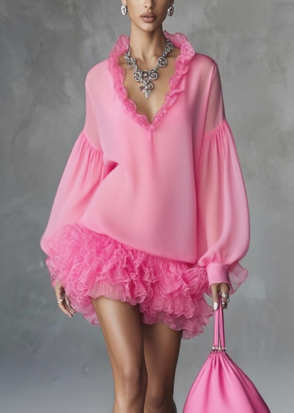 Stylish Rose Ruffled Patchwork Chiffon Mini Dresses Spring - View 3