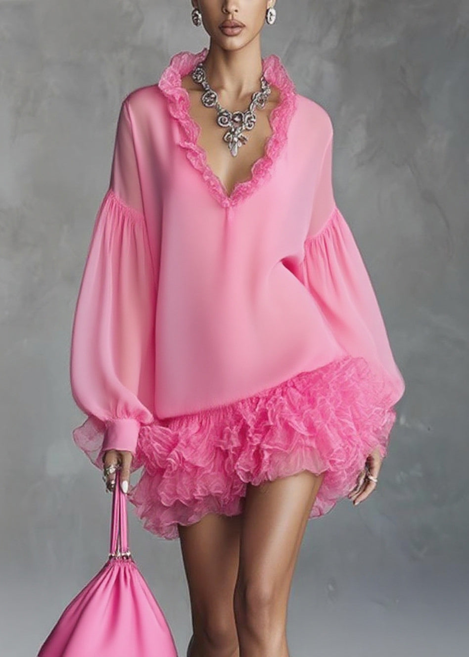 Stylish Rose Ruffled Patchwork Chiffon Mini Dresses Spring - View 5