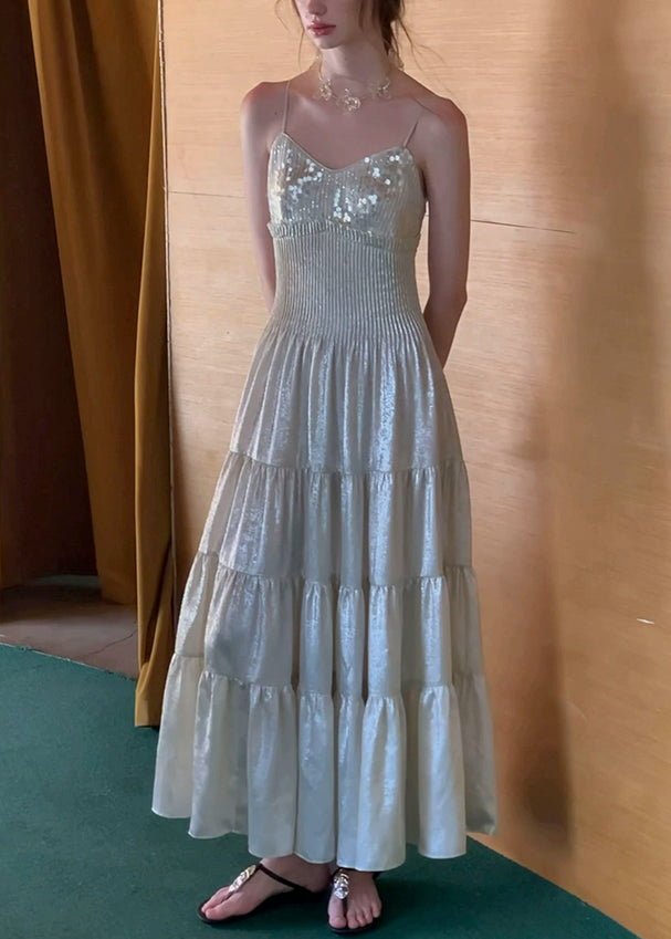Sequin Spaghetti Strap V-Neck Smocked Waist Tiered Chiffon Maxi Dress