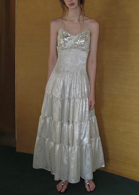 Sequin Spaghetti Strap V-Neck Smocked Waist Tiered Chiffon Maxi Dress - View 2