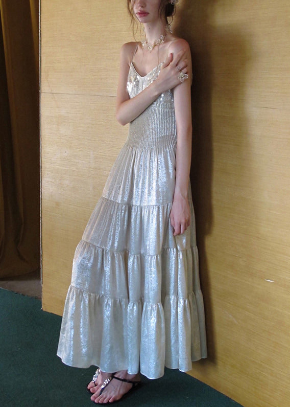 Sequin Spaghetti Strap V-Neck Smocked Waist Tiered Chiffon Maxi Dress - View 3