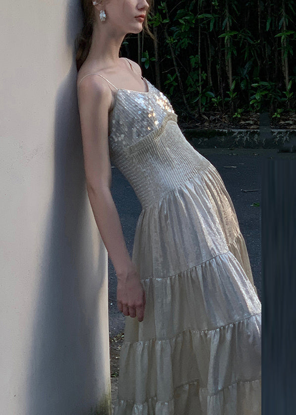 Sequin Spaghetti Strap V-Neck Smocked Waist Tiered Chiffon Maxi Dress - View 5