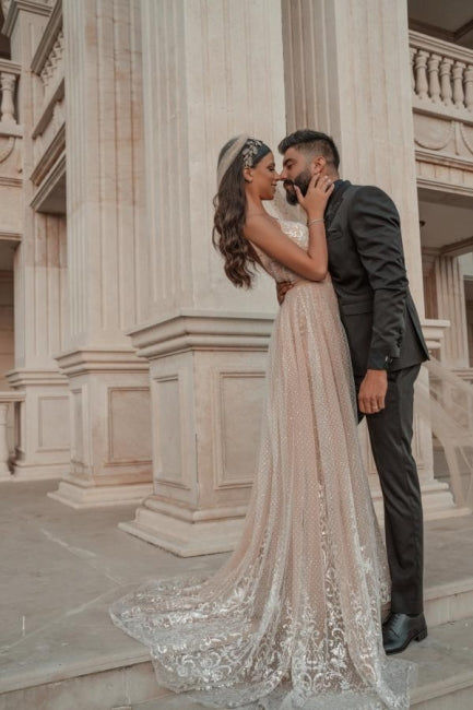 Stylish Sleeveless V-Neck Evening Party Dress Aline Backless Prom Evening Dresses with Lace Appliques
