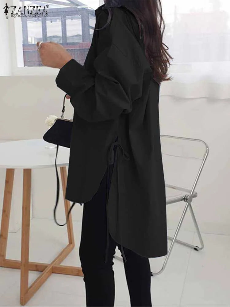 Asymmetrical Lace-Up Button Lapel Blouse