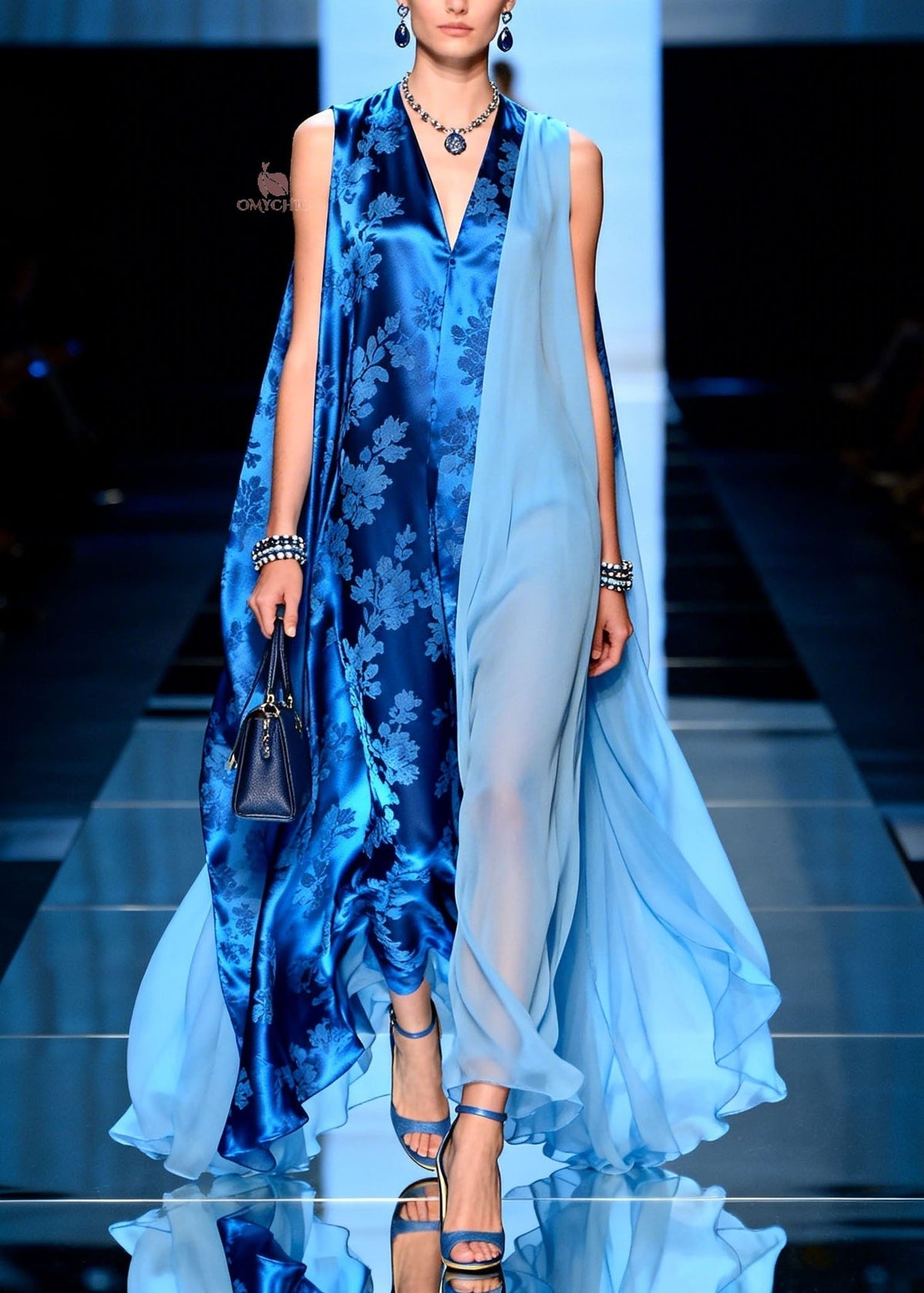Chiffon Jacquard Floral Panel Deep V-Neck Sheer Cape Maxi Gown - View 3