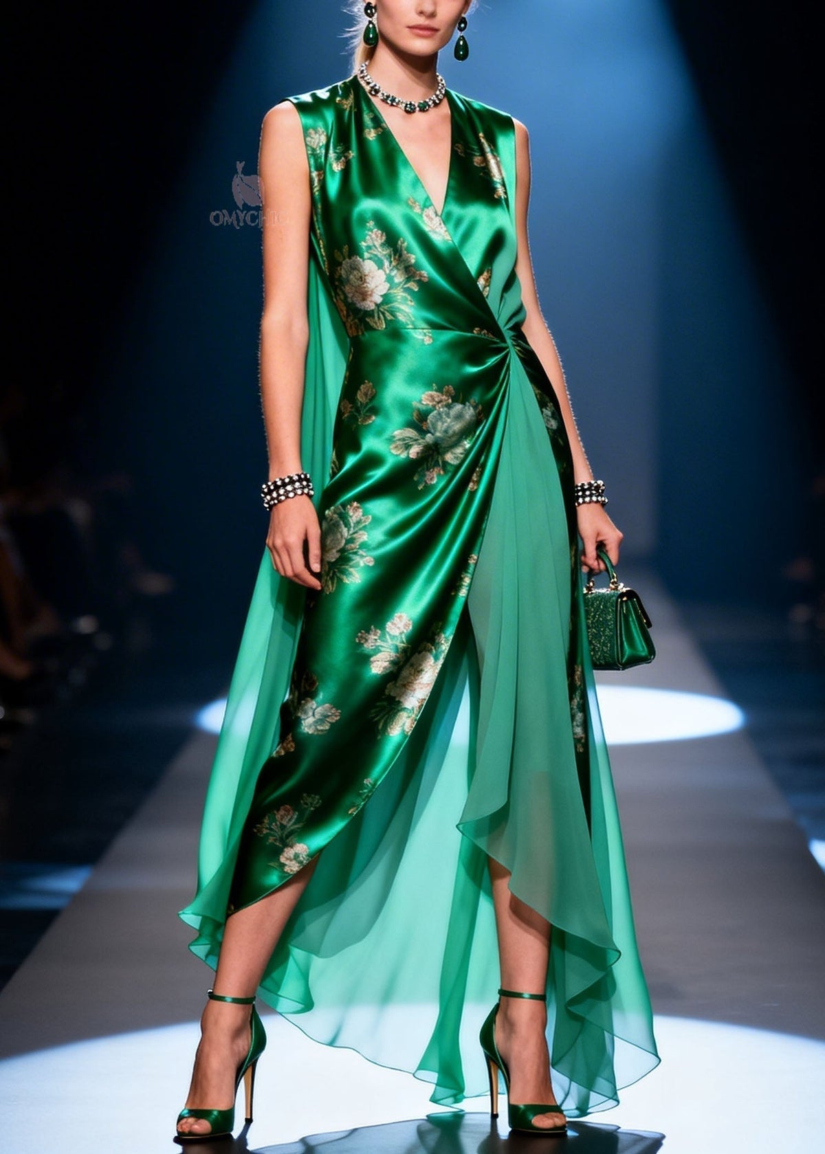 Satin Floral Print Sleeveless V-Neck Wrap Waist Sheer Maxi Gown