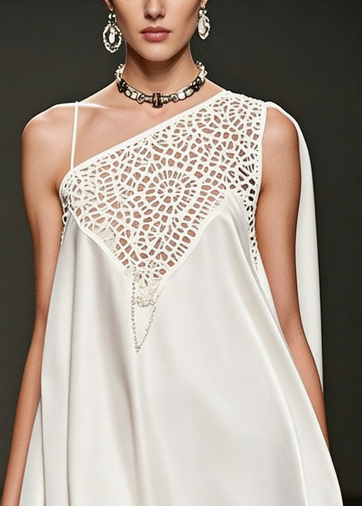 One Shoulder Satin Lace Cut Out Cape Panel Asymmetrical Mini Dress - View 2