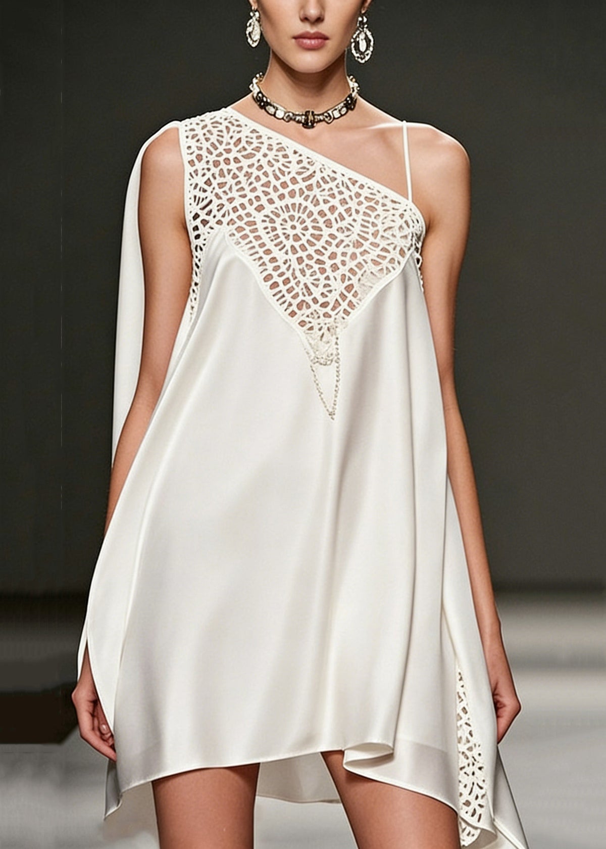 One Shoulder Satin Lace Cut Out Cape Panel Asymmetrical Mini Dress - View 3