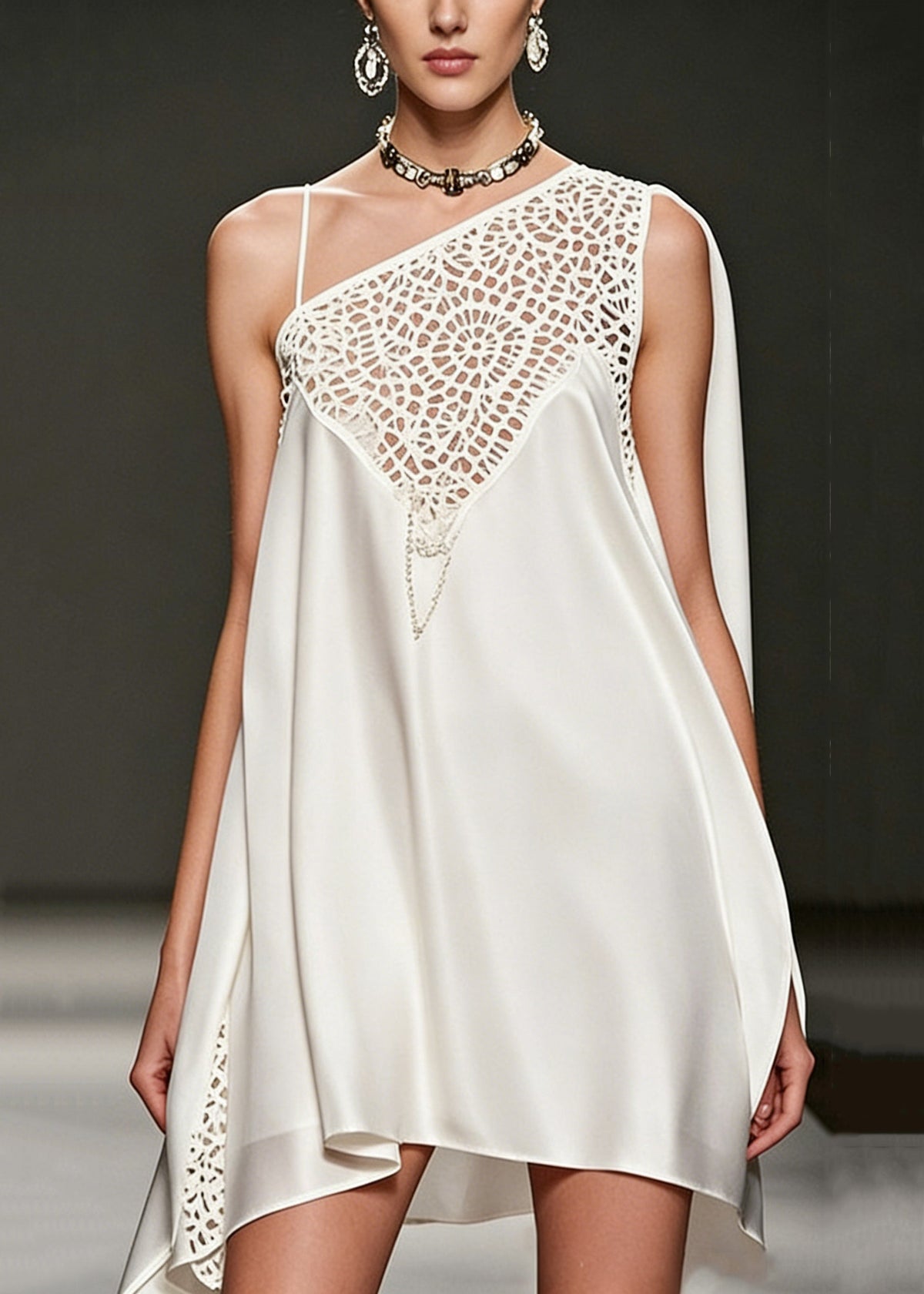 One Shoulder Satin Lace Cut Out Cape Panel Asymmetrical Mini Dress - View 5