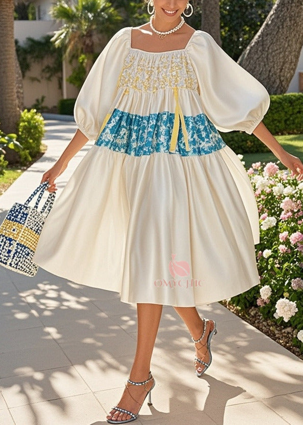 Square Neck Puff Sleeve Floral Patchwork Tiered Midi Dress