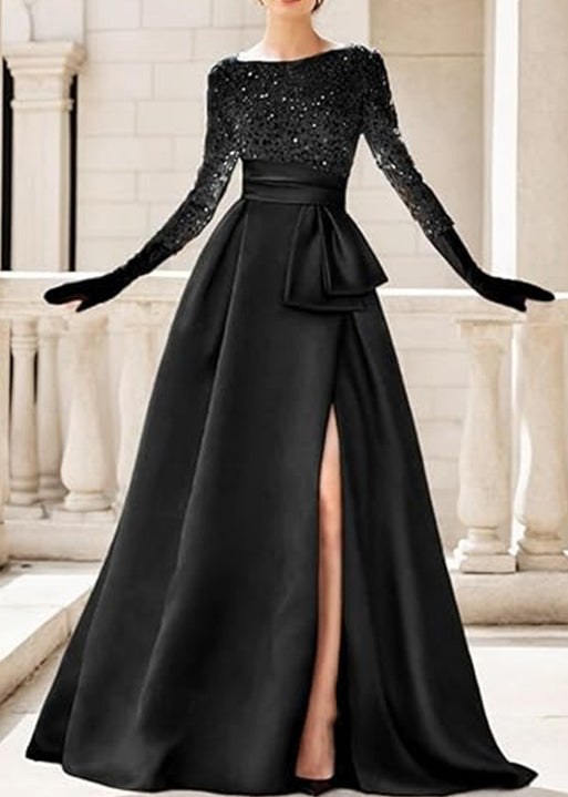 Sequin Boat Neck Long Sleeve Sash Waist High Split A-Line Maxi Gown - View 2
