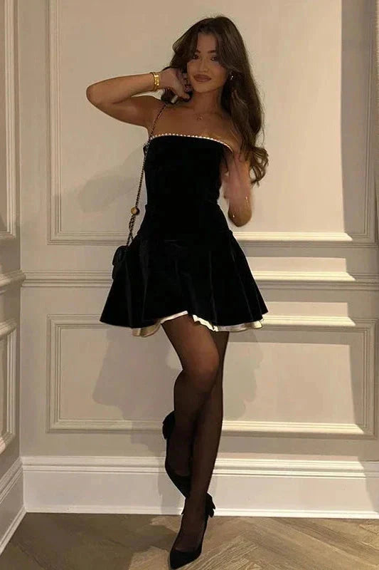 Stylish A Line Strapless Black Short Homecoming Dress with Criss Cross Back