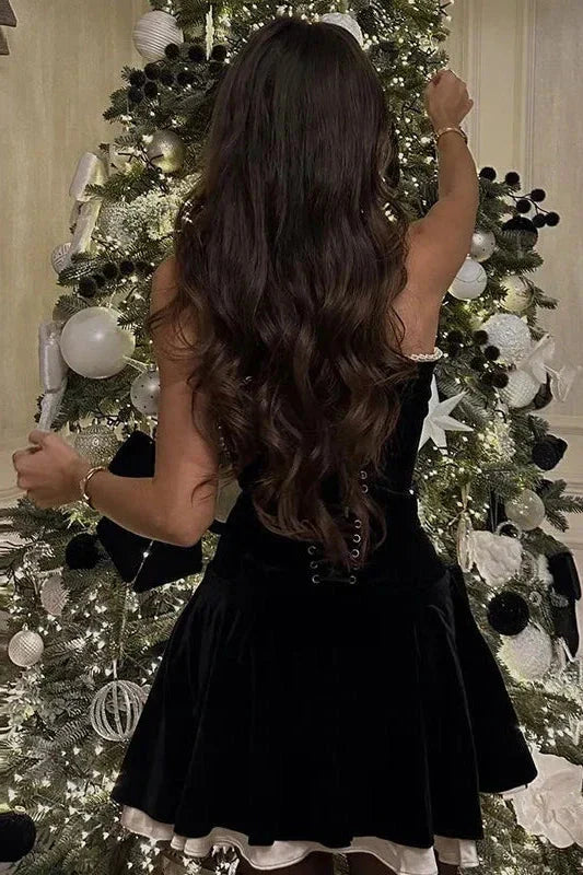 Stylish A Line Strapless Black Short Homecoming Dress with Criss Cross Back