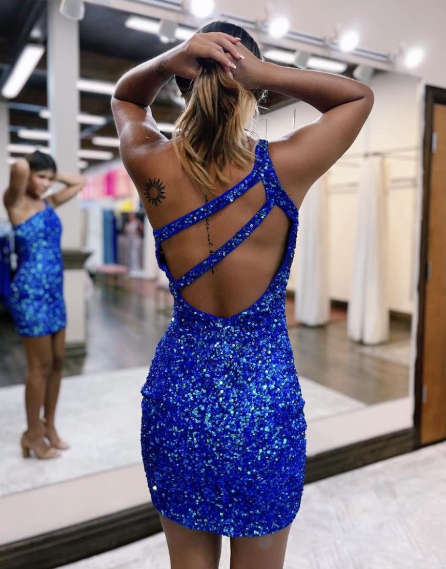 Stylish One Shoulder Glitter Sequin Homecoming Dress - Fashionpara