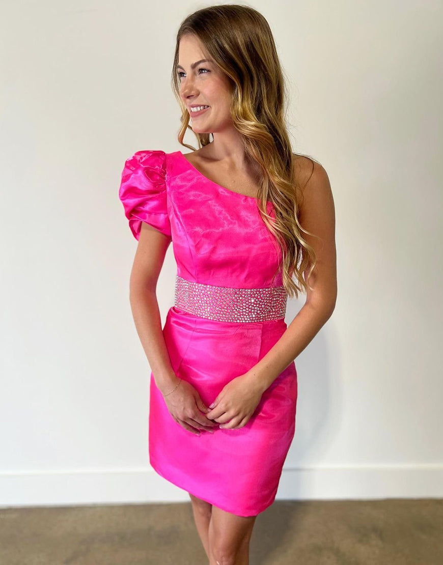 Stylish One Shoulder Short Satin Homecoming Dress with Belt