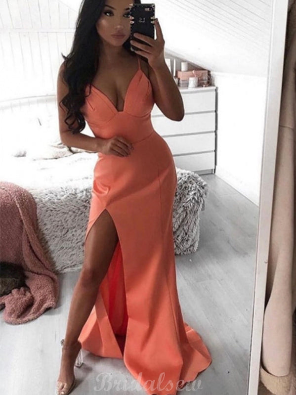 Stylish V-Neck Strappy High Slit Floor Length Prom Dresses in Orange PD013