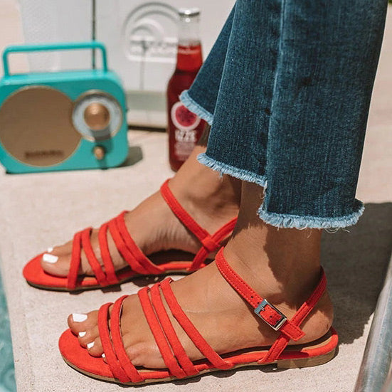 Suede Open Toe Flats Ankle Strap Sandals - Mislish