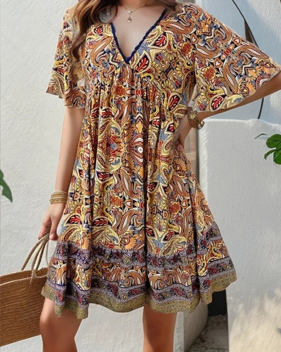 Boho Floral Mini V-neck Short Sleeve Beach Floral Dress
