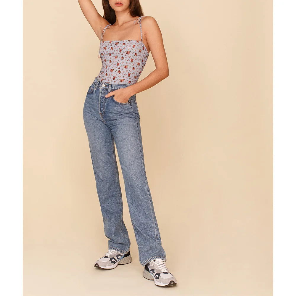 Vintage Floral Smocked Tie Strap Slim Fitted Crop Cami Top