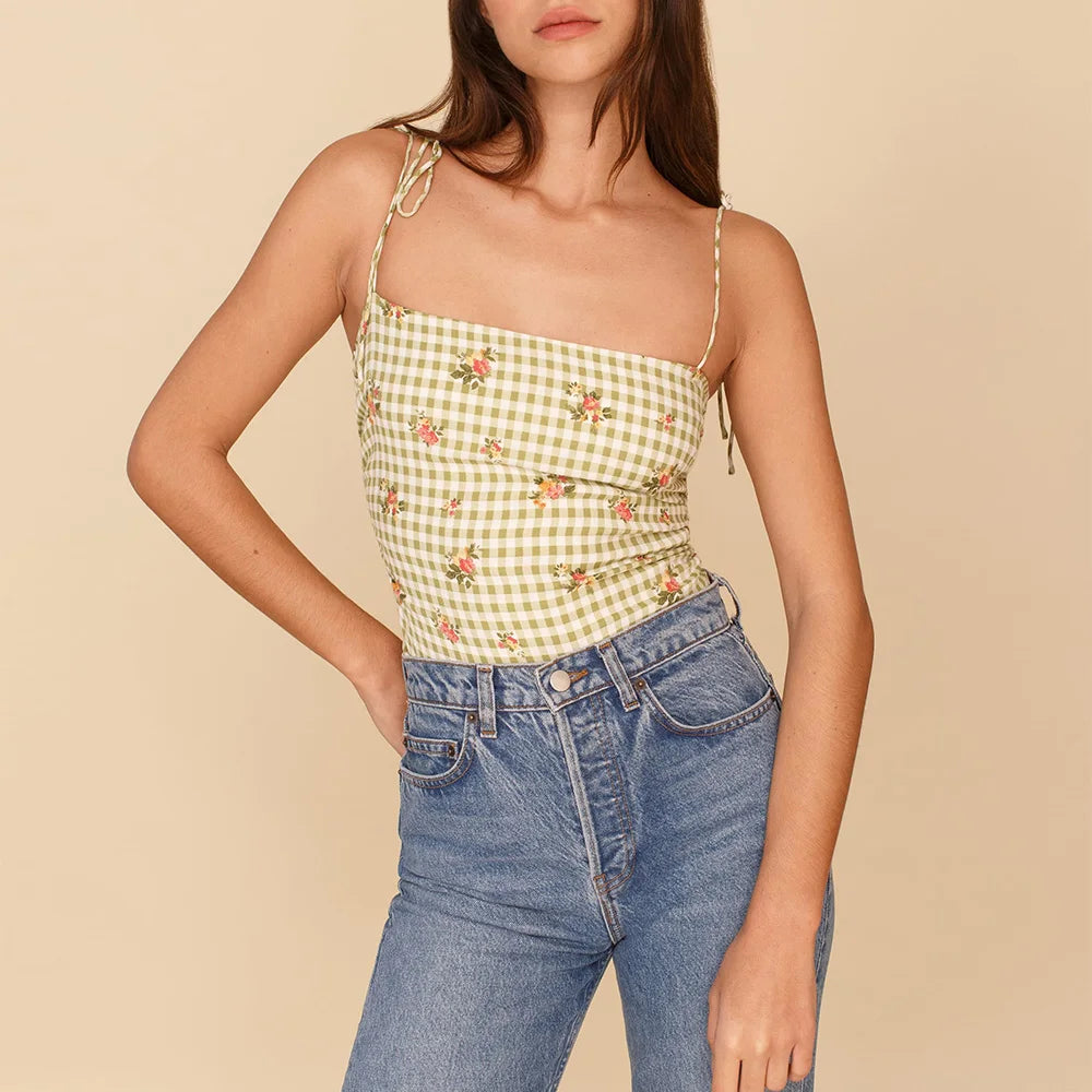 Vintage Floral Smocked Tie Strap Slim Fitted Crop Cami Top