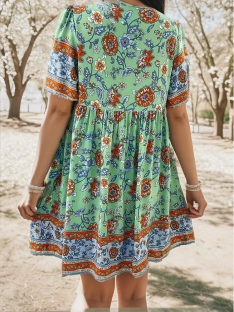 Casual Holiday Floral Print V-neck Short Sleeve Sundress