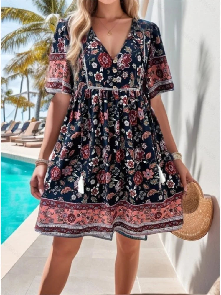 Casual Holiday Floral Print V-neck Short Sleeve Sundress