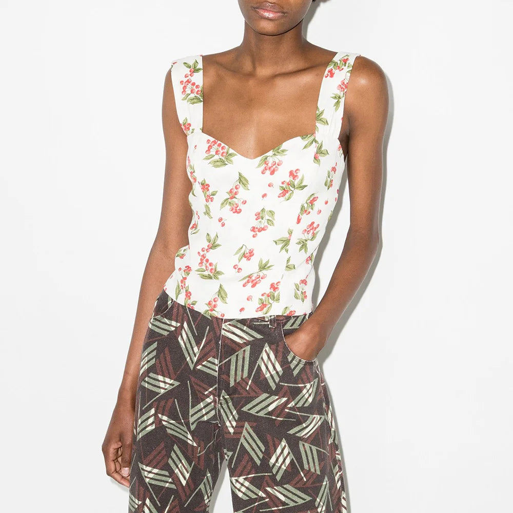 Boho Beach Vacation Floral Sweetheart Wide Strap Sleeveless Slim Crop Top