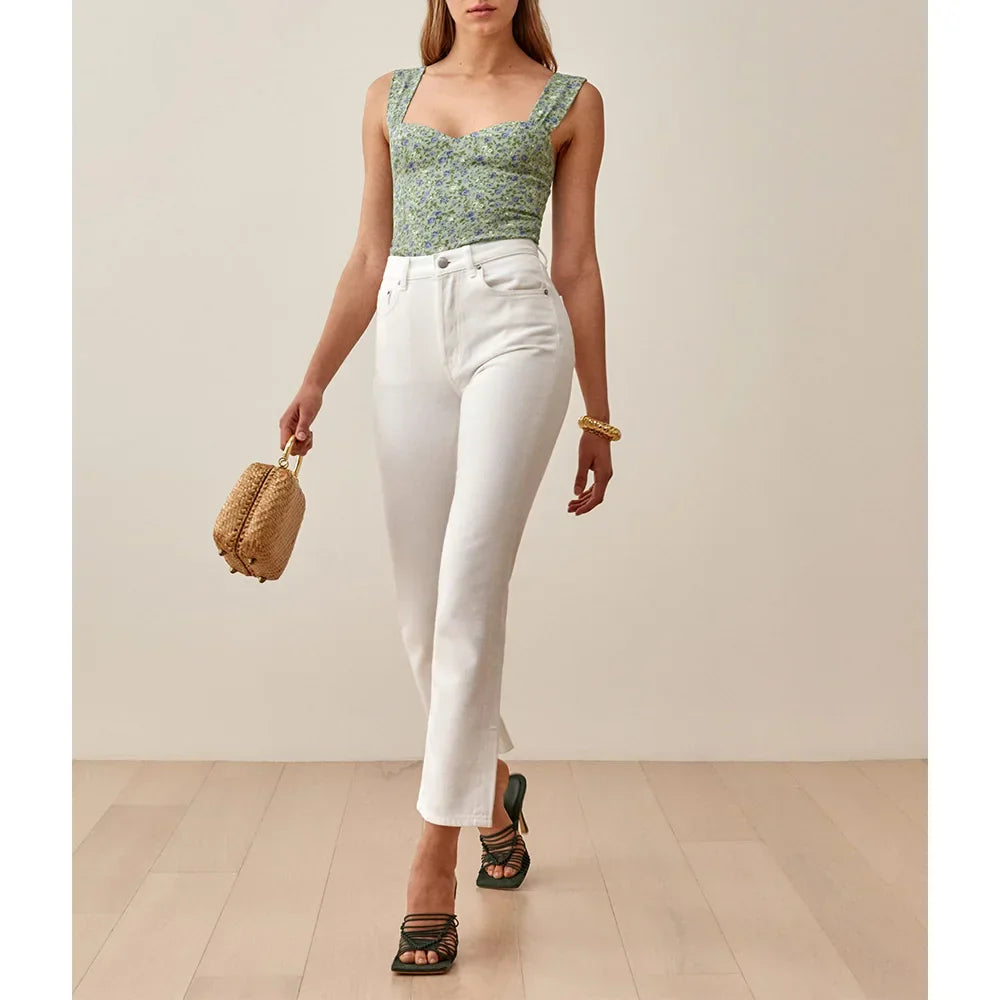 Boho Beach Vacation Floral Sweetheart Wide Strap Sleeveless Slim Crop Top