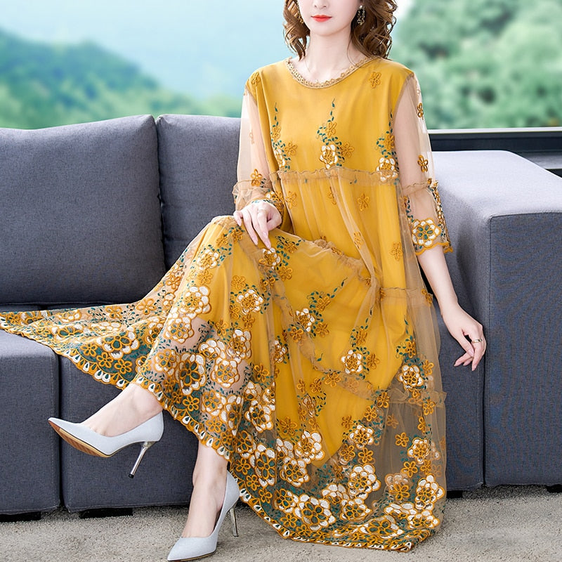 Mesh Overlay Floral Embroidery Tiered Bell Sleeve Midi Dress - View 2