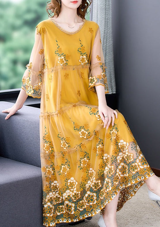 Mesh Overlay Floral Embroidery Tiered Bell Sleeve Midi Dress