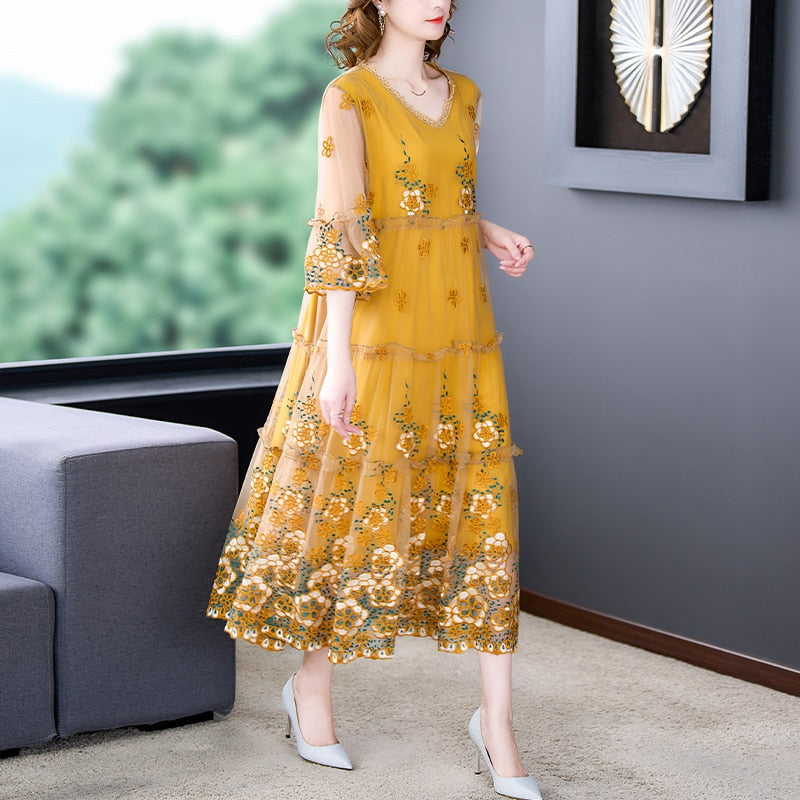 Mesh Overlay Floral Embroidery Tiered Bell Sleeve Midi Dress - View 4