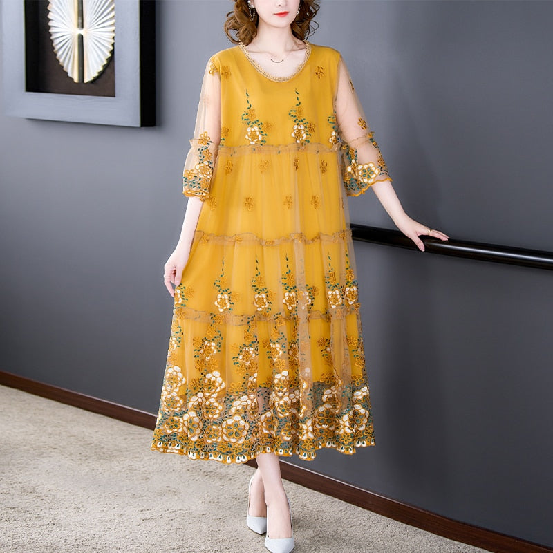 Mesh Overlay Floral Embroidery Tiered Bell Sleeve Midi Dress - View 3