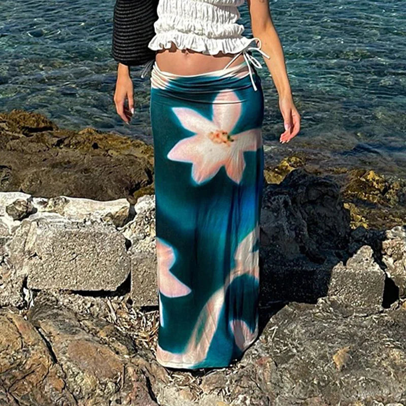Summer Fashion Blue Print High Waist Maxi Skirt Club Skirt