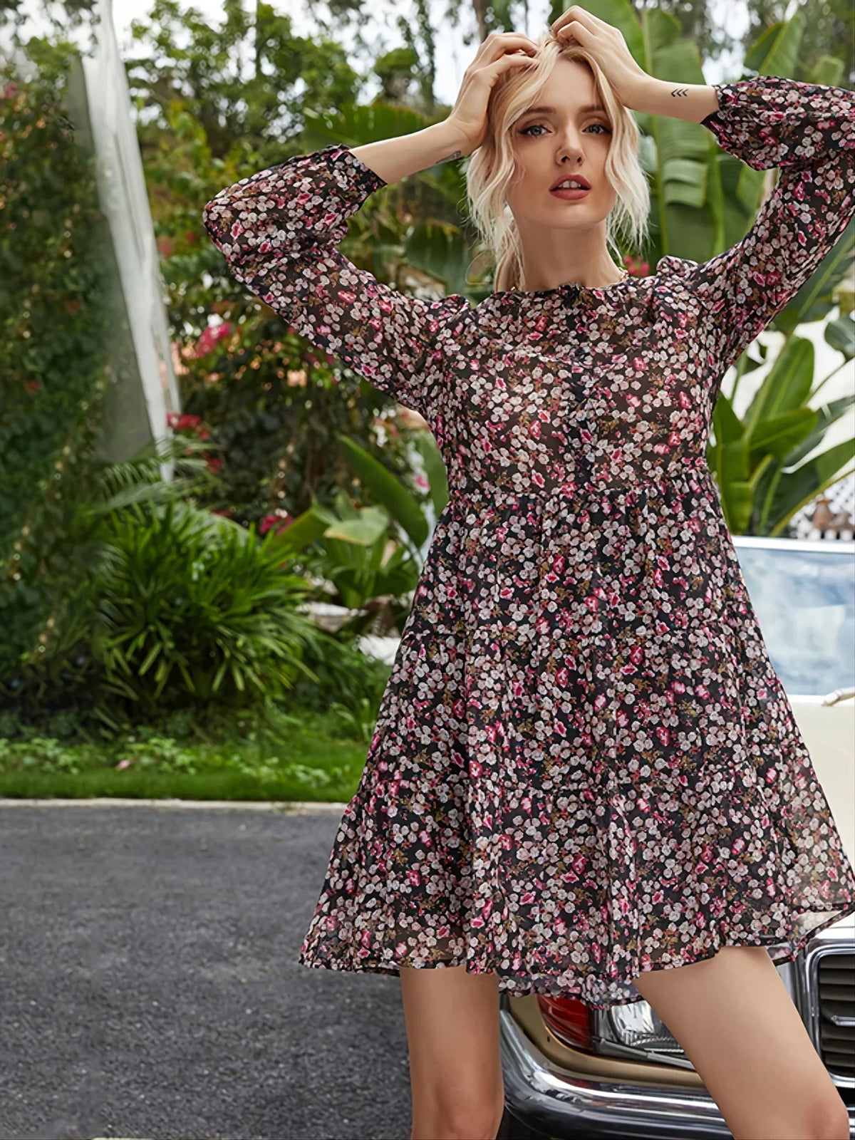 Floral Print Long Sleeve Fit & Flare Mini Dress