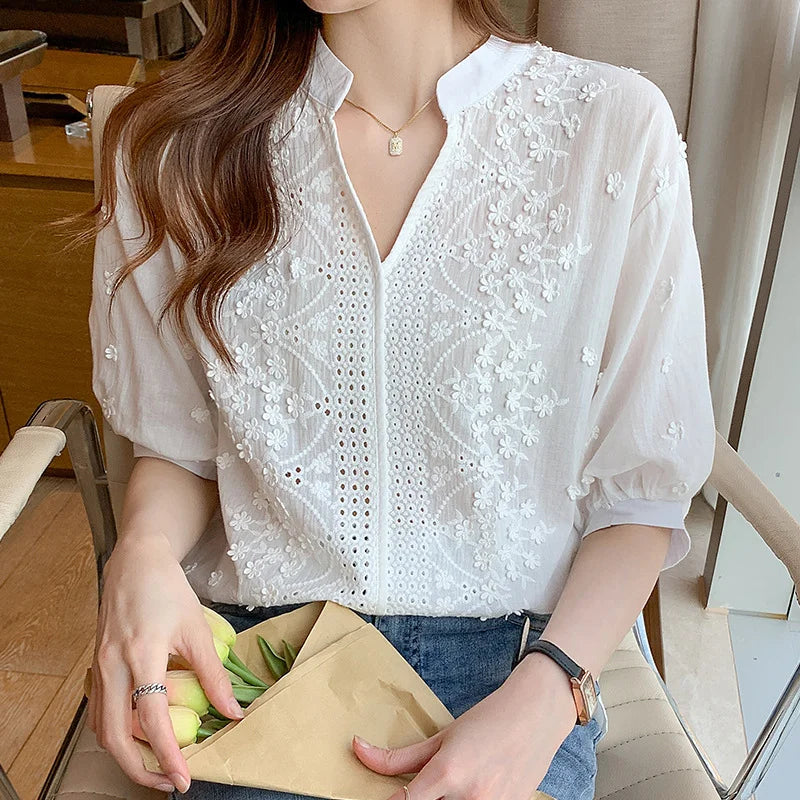 Floral Embroidery Lace Hollow V-neck Blouse