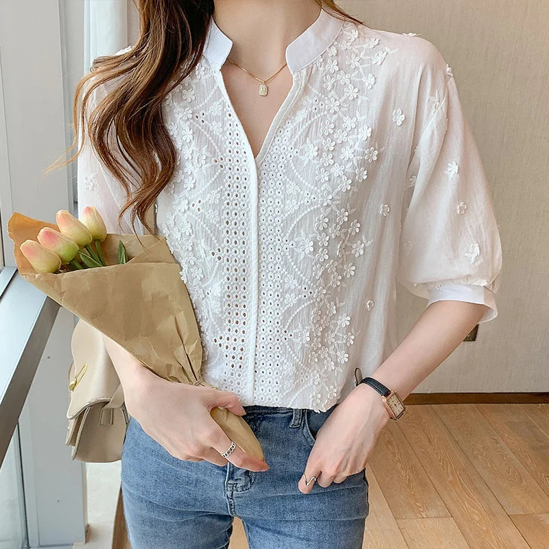 Floral Embroidery Lace Hollow V-neck Blouse
