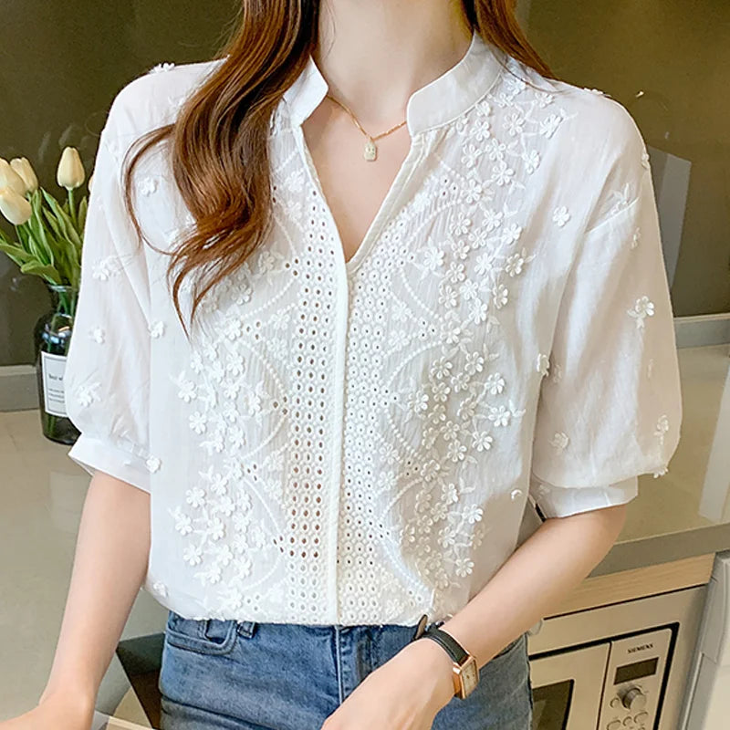 Floral Embroidery Lace Hollow V-neck Blouse