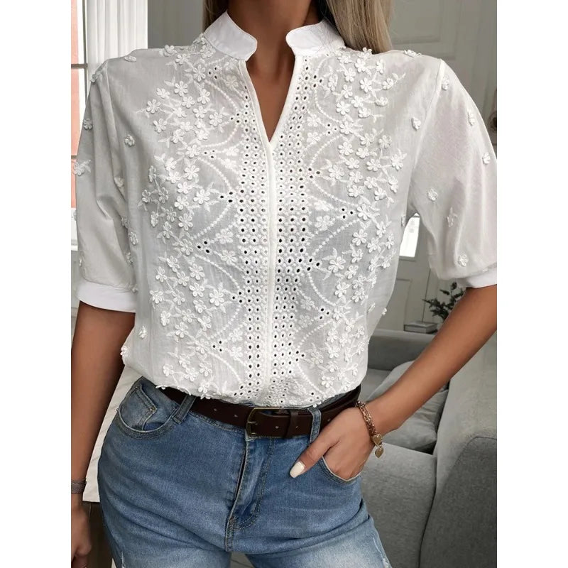 Floral Embroidery Hollow Out V Neck Blouse