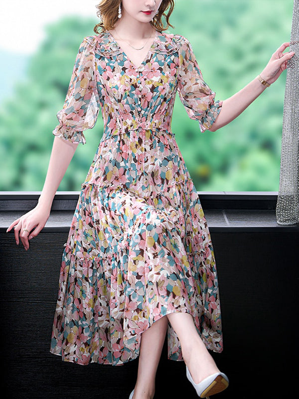 Silk Floral V-Neck Midi Dress