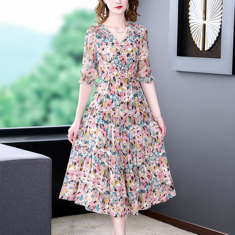 Silk Floral V-Neck Midi Dress - View 3