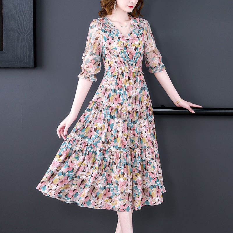 Silk Floral V-Neck Midi Dress - View 4