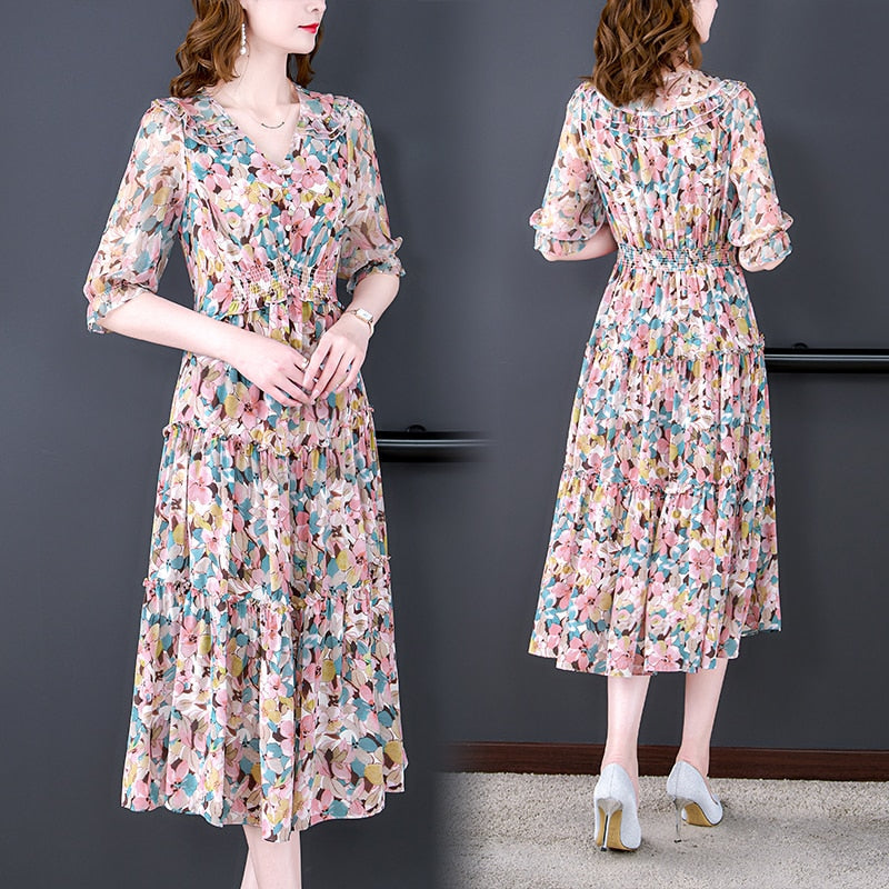 Silk Floral V-Neck Midi Dress - View 5