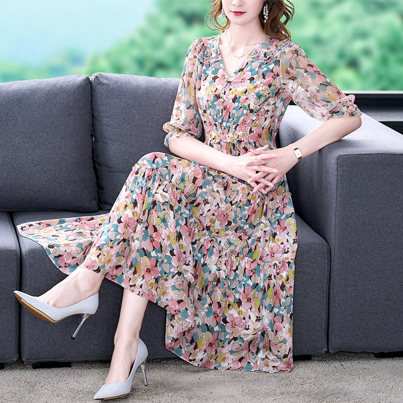 Silk Floral V-Neck Midi Dress - View 2