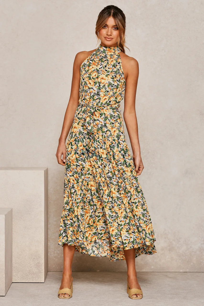 Summer Floral Print Halter Neck Beach Floral Dress